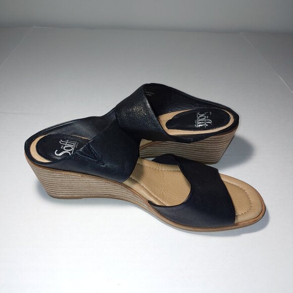 Sofft Wedge 2 Wide Stripes Leather Sandals Size 9.5 Black - Picture 1 of 7
